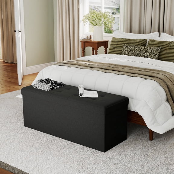 Melocadol 43.5 Inches Foldable Storage Ottoman Bench, End of Bed Foot Rest Stool with Padded Seat, Bedroom Bench with Hidden Storage, for Living Room, Entryway, Support 660lbs, Black