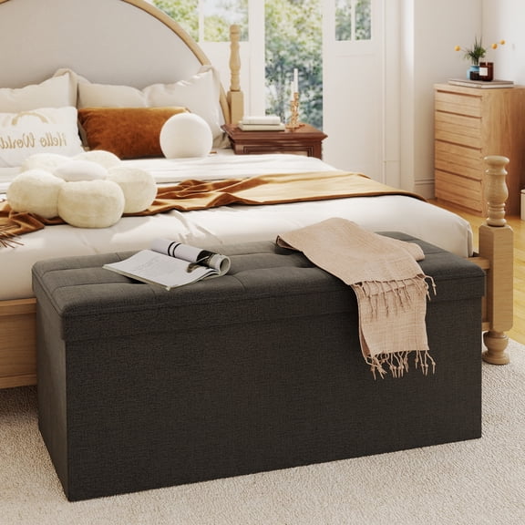 Melocadol 43.5 Inches Foldable Storage Ottoman Bench, End of Bed Foot Rest Stool with Padded Seat, Bedroom Bench with Hidden Storage, for Living Room, Entryway, Support 660lbs, Dark Gray
