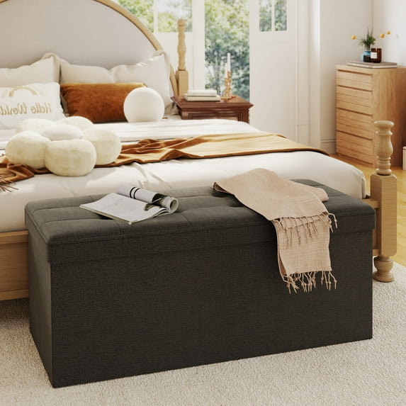 Melocadol 43.5 Inches Foldable Storage Ottoman Bench, End of Bed Foot Rest Stool with Padded Seat, Bedroom Bench with Hidden Storage, for Living Room, Entryway, Support 660lbs, Dark Gray