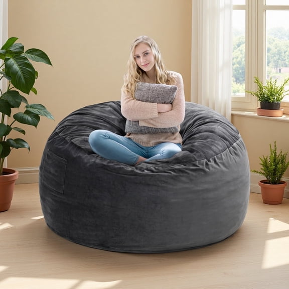 Melocadol 4ft Bean Bag Chair for Adults, Large Lazy Beanbag Sofa with Memory Foam Filled, Removable Washable Soft Cover, Sturdy Zipper, Comfy Chair for Bedroom, Den, Dorm, Dark Gray