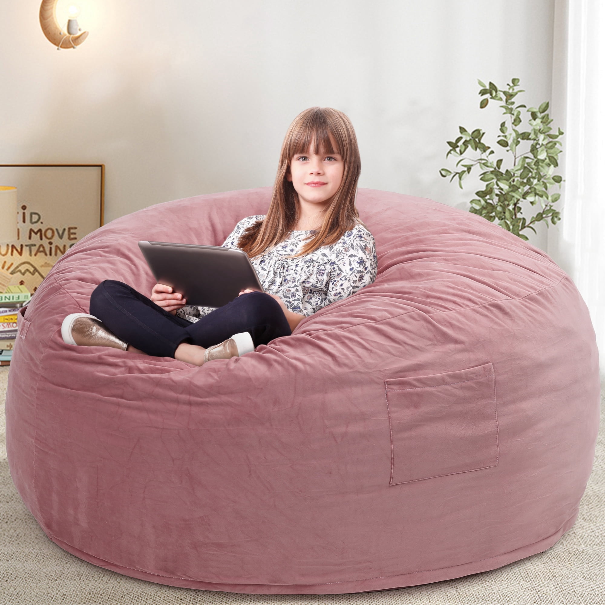 Melocadol 4ft Bean Bag Chair for Adults, Large Lazy Beanbag Sofa with Memory Foam Filled, Removable Washable Soft Cover, Sturdy Zipper, Comfy Chair for Bedroom, Den, Dorm, Pink