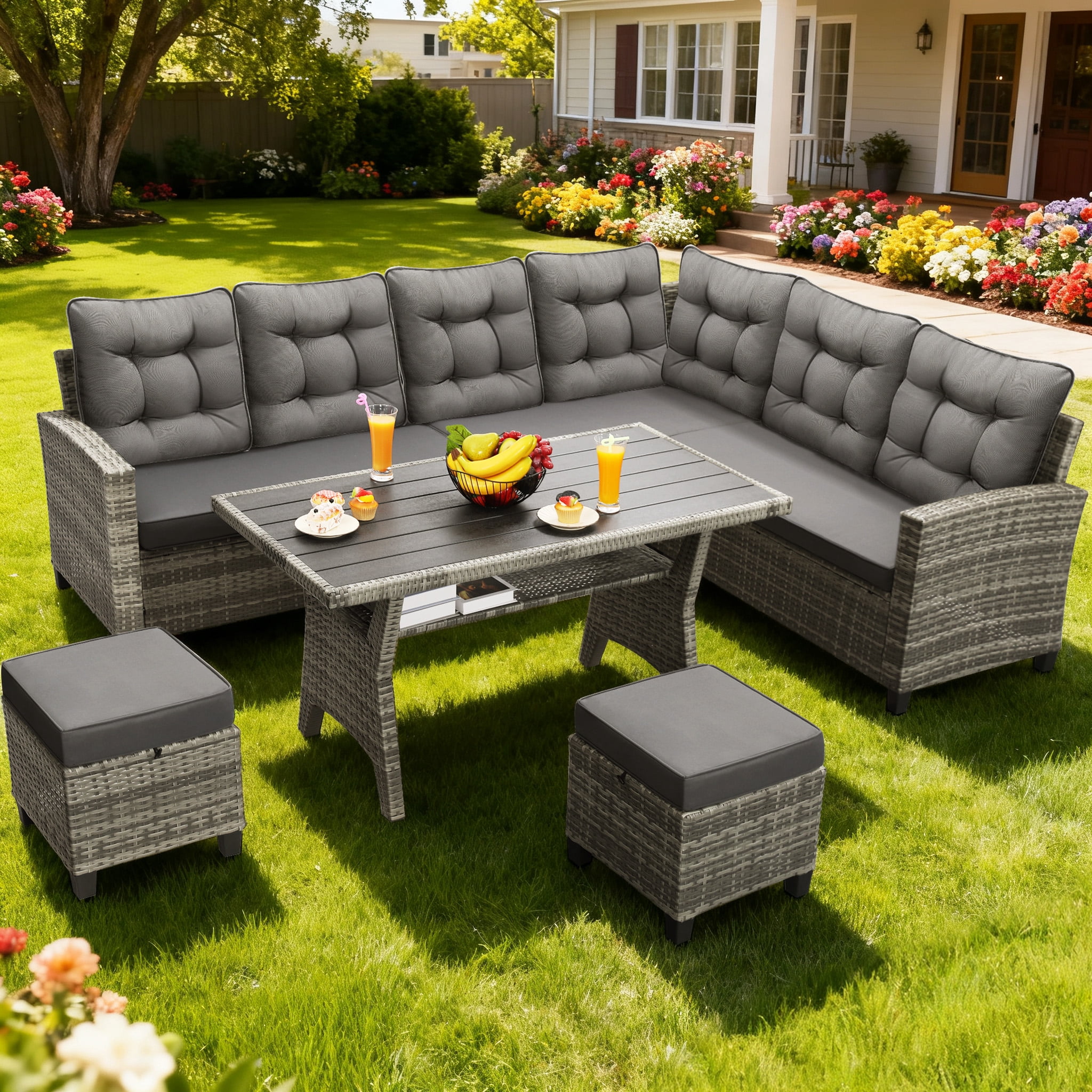 Melocadol 6 Piece Patio Sectional Set, Outdoor Conversation Furniture Set with 2 Sofas, 2 Ottoman, Table, Perfect for Patio, Deck or Poolside, Gray Wicker and Gray Cushions