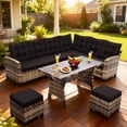 thumbnail image 1 of Melocadol 6 Piece Patio Sectional Set, Outdoor Conversation Furniture Set with 2 Sofas, 2 Ottoman, Table, Perfect for Patio, Deck or Poolside, Natural Wicker and Black Cushions, 1 of 7