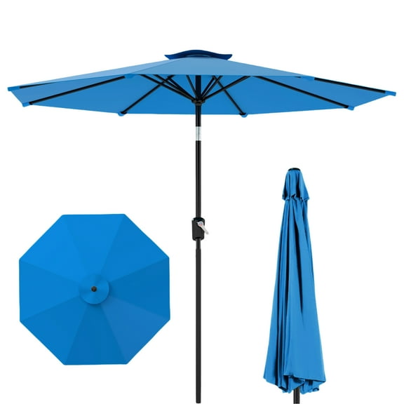 Melocadol 9FT Outdoor Patio Umbrella, Outdoor Table Umbrella with Sturdy Ribs, Push Button for Tilt Adjustment, Crank Lift, for Pool, Yard, Garden, Deck, Blue