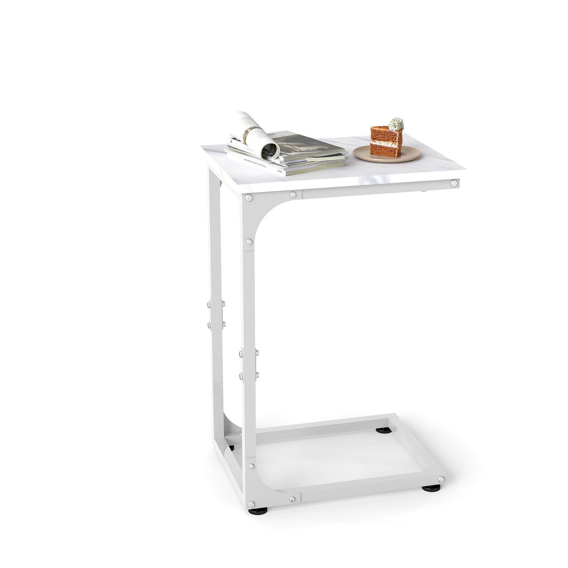 Melocadol C-Shaped End Table, C Shaped Under Couch Slider, Small Side Tables with Metal Frame, Adjustable Feet, for Living Room, Bedside, Sofa, TV Dinner, Recliner, White