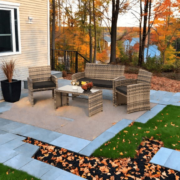 Melocadol Cozy 4 Piece Rattan Patio Set, Outdoor Sectional Sofa with Soft Cushions, Perfect Wicker Conversation Set for Garden, Backyard, Porch & Balcony, Natural Rattan with Black Cushion