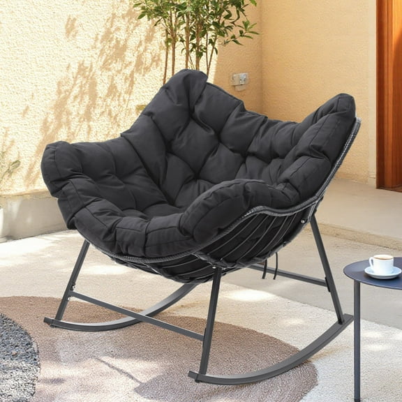 Melocadol Extra Large Rattan Rocking Chair, Indoor, Outdoor Papasan Egg Chair with Padded Cushion, Modern Wicker Rocker for Patio, Living Room, Black