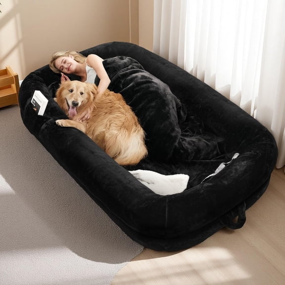Melocadol Human Dog Bed for Adult, 71"x40"x10" Fits You & Pets, Orthopedic Foam, Washable Faux Fur, Removable Cover, Black