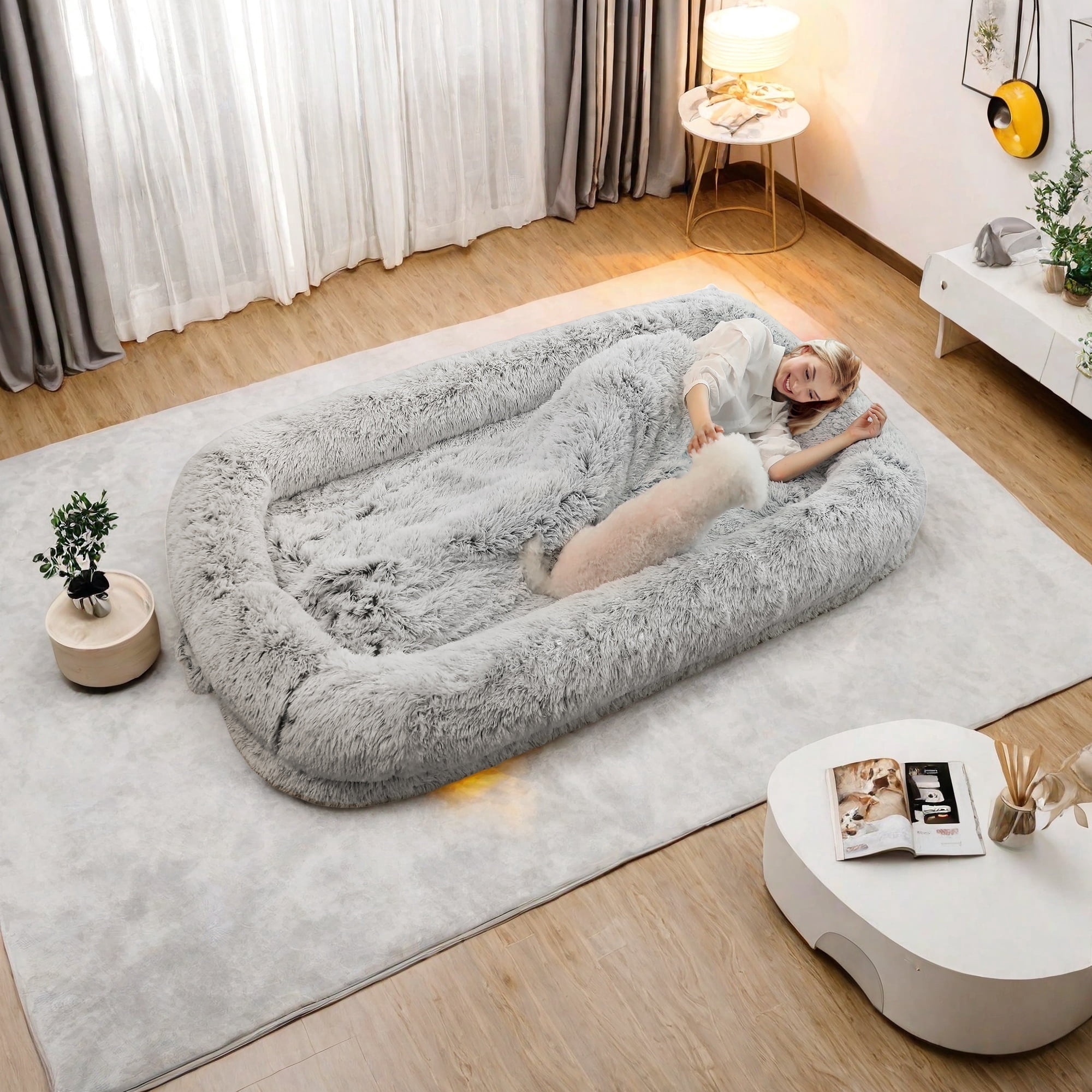 Melocadol Human Dog Bed for Adult, 76"x46"x10" Fits You & Pets, Orthopedic Foam, Washable Faux Fur, Removable Cover, Light Grey