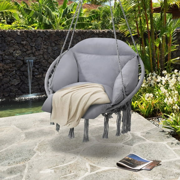 Melocadol Macrame Hammock Hanging Swinging Chair, Premium Handwoven Macrame with Oversized Cushion, for Porch, Balcony or Bedroom, Grey