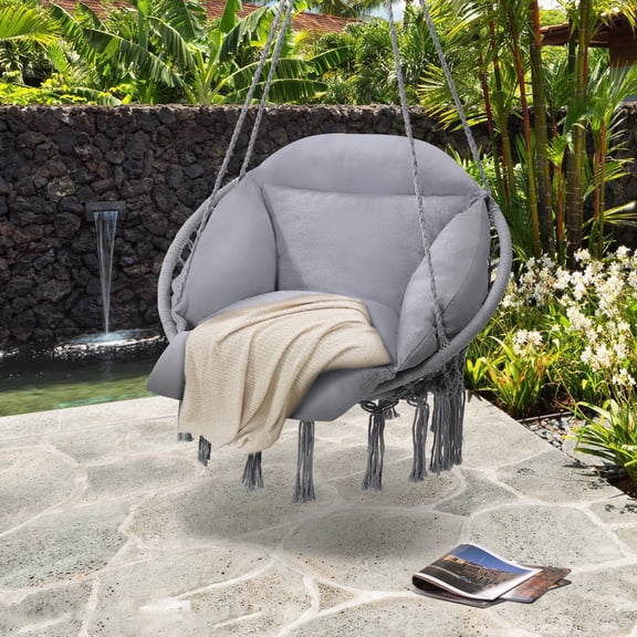 Melocadol Macrame Hammock Hanging Swinging Chair, Premium Handwoven Macrame with Oversized Cushion, for Porch, Balcony or Bedroom, Grey