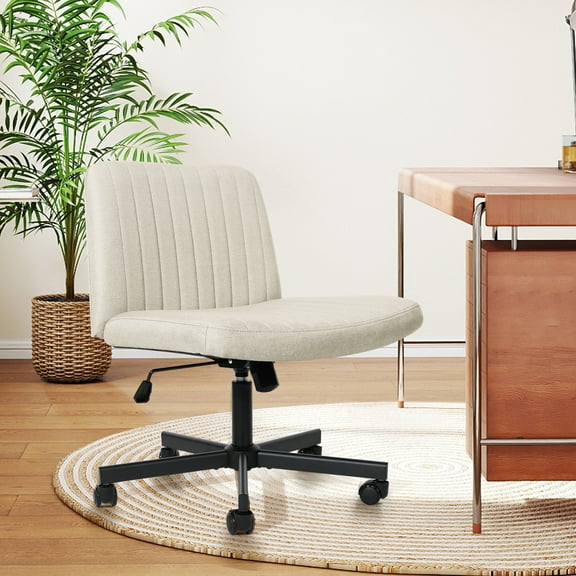 Melocadol Modern Criss Cross Office Chair, Extra Wide Armless Rolling Desk Chair with 360° Wheels, Adjustable Swivel Padded Fabric for Home, Office, Beige