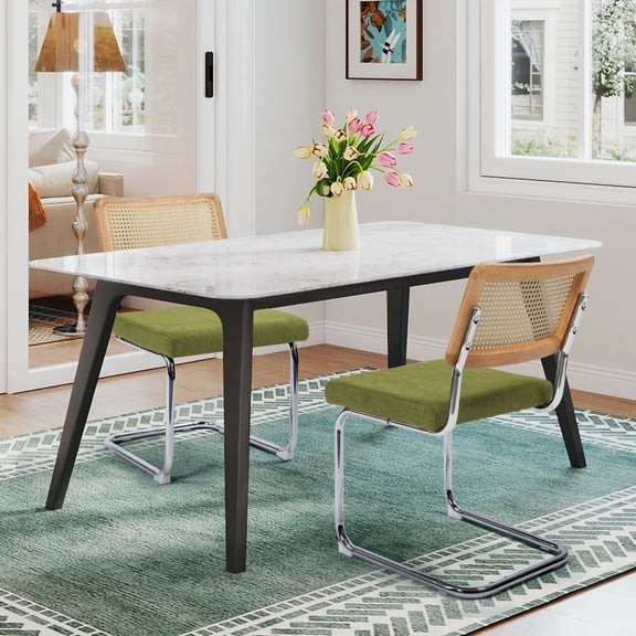 Melocadol Modern Cane Dining Chairs Set of 2, Mid Century Rattan Back Kitchen Chairs, Upholstered Accent Chair with Chrome Base, for Kitchen, Dining Room, Green