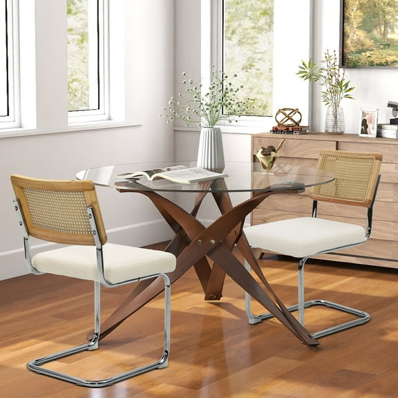 Melocadol Modern Rattan Dining Chairs, Set of 2, with Cane Back, Chrome Metal Frame with Textured Boucle Seat, Ergonomic Handwoven Rattan Design, Chairs for Home Restaurant or Cafe, White