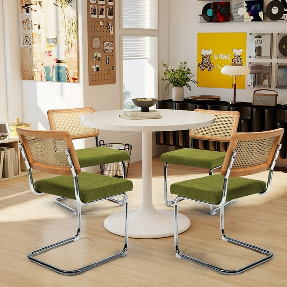 Melocadol Modern Rattan Dining Chairs, Set of 4, with Cane Back, Chrome Metal Frame with Textured Cotton Seat, Ergonomic Handwoven Rattan Design, Chairs for Home Restaurant or Cafe, Green