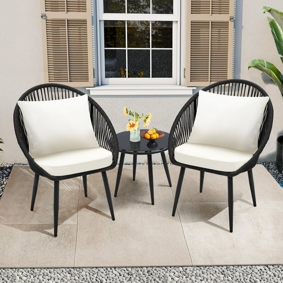 Melocadol Outdoor Bistro Set 3 Piece, All-Weather Woven Rope Chairs with Thick Cushions, Includes Side Table for Deck, Balcony, Garden, Black