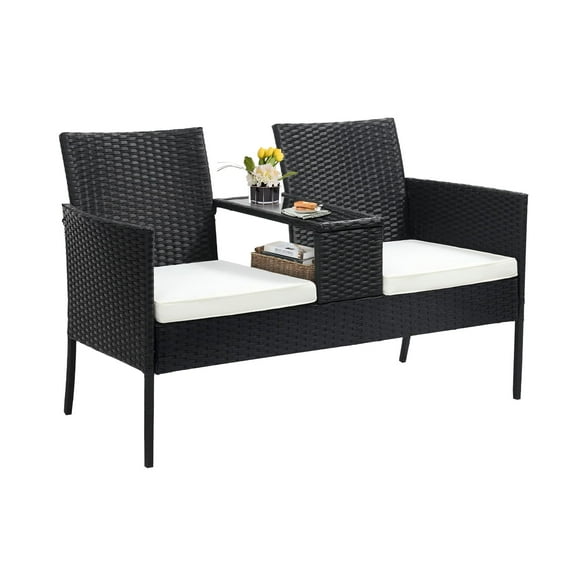 Melocadol 2 Seat Patio Conversation Sets, Outdoor Rattan Loveseat with Built-in Coffee Table, Removable Cushions, for Backyard, Garden, Lawn, Balcony, White