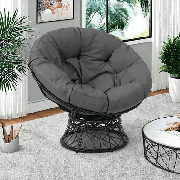 Melocadol Oversized 46" Papasan Chair, Fluid 360° Swivel with Cushion, Durable Frame for Indoor & Outdoor, Black Frame with Dark Grey Cushion