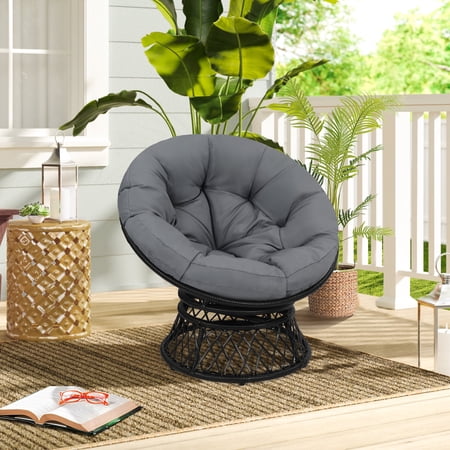 Melocadol Oversized Papasan Chair with 360° Swivel, 37" Wicker Circle Seat with Thick Cushion, For Living Room, Patio or Bedroom,Black Rattan with Dark Grey Cushion