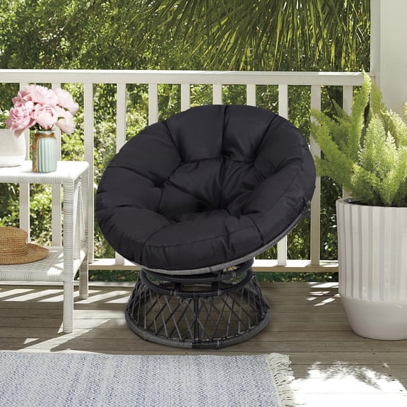 Melocadol Oversized Papasan Chair with 360° Swivel, 37" Wicker Circle Seat with Thick Cushion, For Living Room, Patio or Bedroom,Grey Rattan with Black Cushion