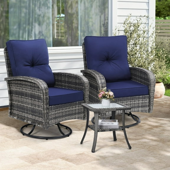 Melocadol Patio Wicker Glider Set, 2 Swivel Chairs with Matching Table, Comfy Washable Seat Cushions, Premium Outdoor Furniture for Garden, Balcony, Grey Rattan， Blue Cushion