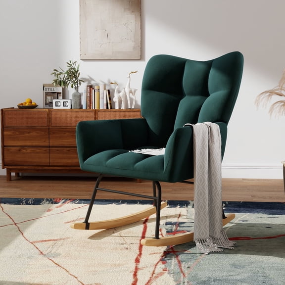 Melocadol Rocking Chair Nursery, Glider Rocker Rocking Accent Chair Padded Seat with High Backrest, Anti-Tip Safety Design, 440 Lb Capacity, Comfy Armchair for Living Room Bedroom Office, Green