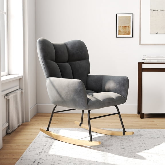 Melocadol Rocking Chair Nursery, Glider Rocker Rocking Accent Chair Padded Seat with High Backrest, Anti-Tip Safety Design, 440 Lb Weight Capacity, Comfy Armchair for Living Room Bedroom Office, Gray