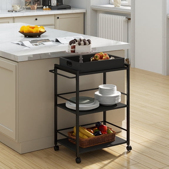 Melocadol Rolling Kitchen Cart, 3-Tier Utility Cart on Wheels with Storage, with Detachable Server Tray for Living Room, Balcony, Drink Service, Black