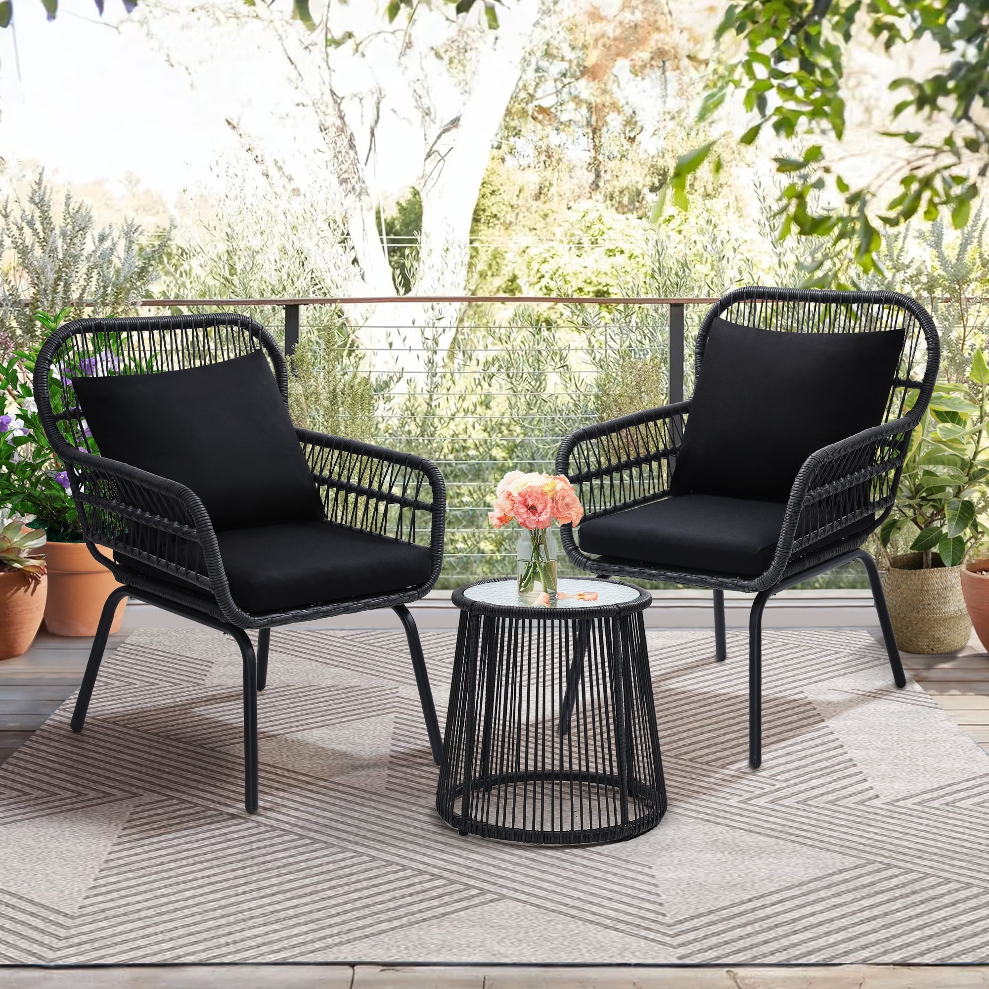 Melocadol Small Space Rattan Bistro Set, 3 Piece Outdoor Table and Chairs with Tempered Glass Top for Balcony, Garden, Patio, Black
