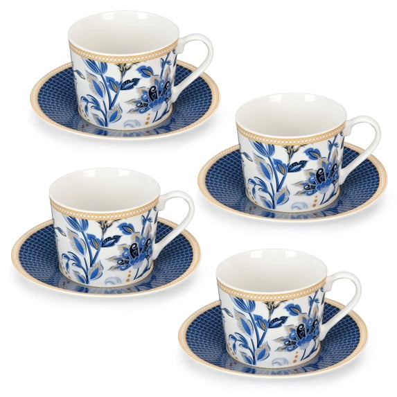 STPgoods Melodie de Fleurs Bone China Teacup & Saucer Set 7.44 fl oz (220 ml) Service for 4, Blue White Gold