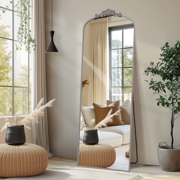Melodieux 21"x 64" Free Standing Arched Full Length Mirror with Vintage Ornate Carved Applique