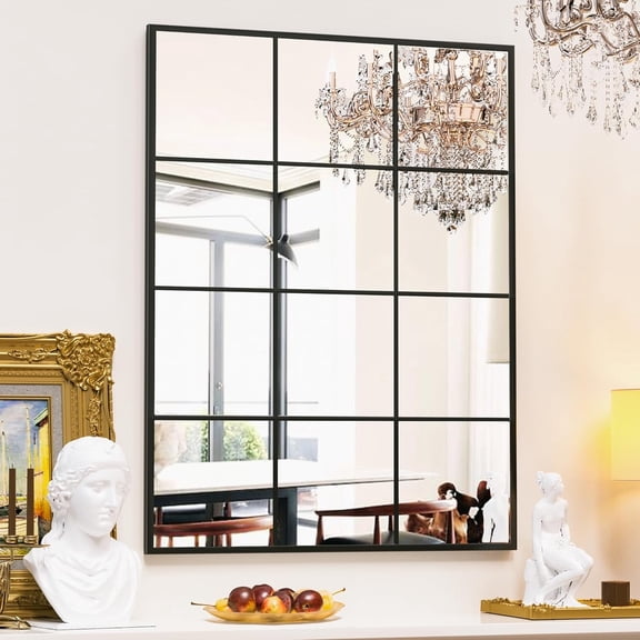 Melodieux 24"x 36" Rectangular Wall Mirror Black Windowpane Aluminum Frame