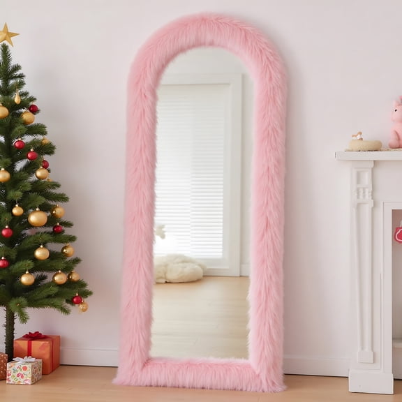 Melodieux 24"x 63" Arched Full Length Mirror with Stand Baby Pink Fur Framed Full Body Floor Mirror
