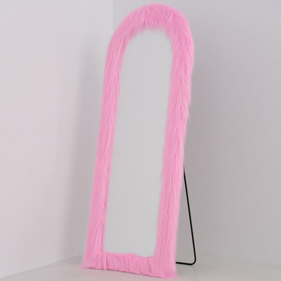 Melodieux 24"x 63" Arched Full Length Mirror with Stand Pink Fur Framed Full Body Floor Mirror