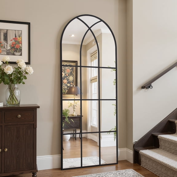 Melodieux 24"x 65" Arched Wall Mirror Full Length Black Retro Windowpane Decorative Mirror Aluminum Frame