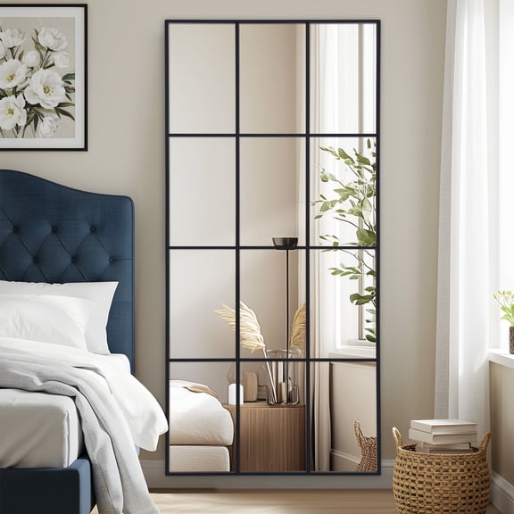 Melodieux 24"x 65" Rectangular Full Length  Mirror Black Windowpane Aluminum Frame