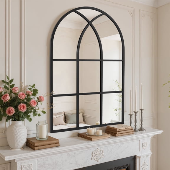 Melodieux 30"x 48" Arched Wall Mirror Black Retro Windowpane Decorative Mirror Aluminum Frame