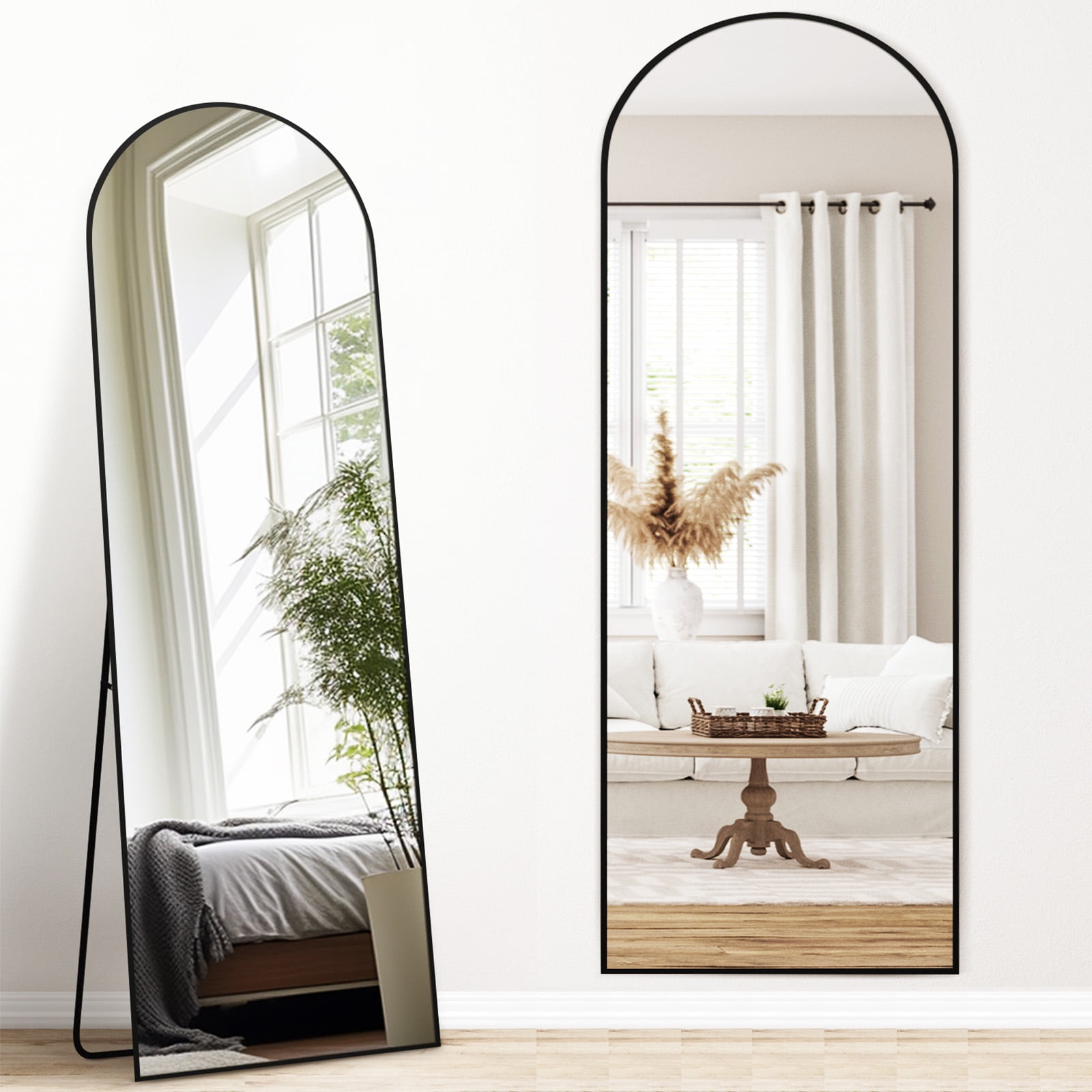 Black Arched Aluminum Full Length Mirror with Stand, 64" x 21"