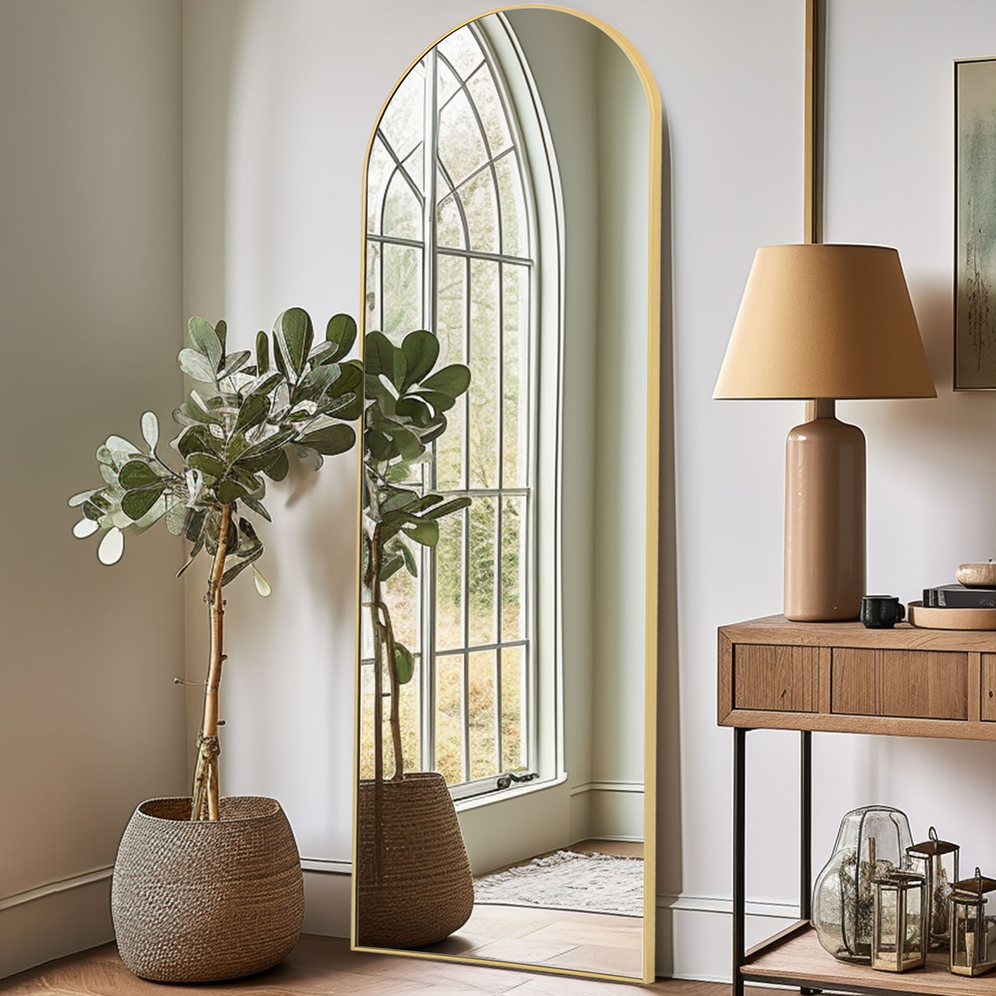 Melodieux Arched Mirror Full Length with Stand 58" x 17.5" Full Body Standing Mirror Gold Frame