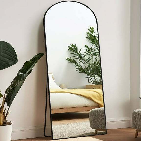 Melodieux Arched Mirror Full Length with Stand 71" x 26" Full Body Standing Mirror Black Aluminum Alloy Thin Frame Floor Mirror Hanging Leaning against Wall for Home Decor