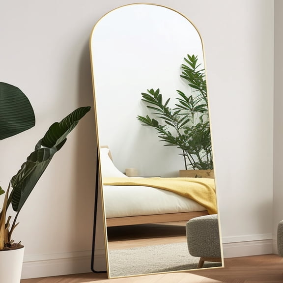 Melodieux Arched Mirror Full Length with Stand 76" x 34" Full Body Standing Mirror Gold Aluminum Alloy Thin Frame Floor Mirror Hanging Leaning against Wall for Home Decor