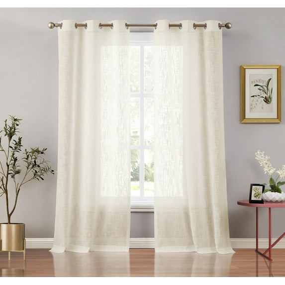 Melodieux Linen Textured Semi Sheer Voile Curtain, Grommet Top, 2 panels, Cream/Yellow - 52 x 63 Inch