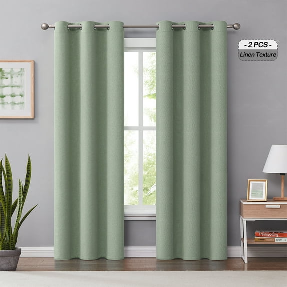Melodieux Linen-textured 100% Blackout Room-Darkening Thermal Insulated Curtains, Grommet Top, 2 Panels, Green, 42 x 63 inch Length