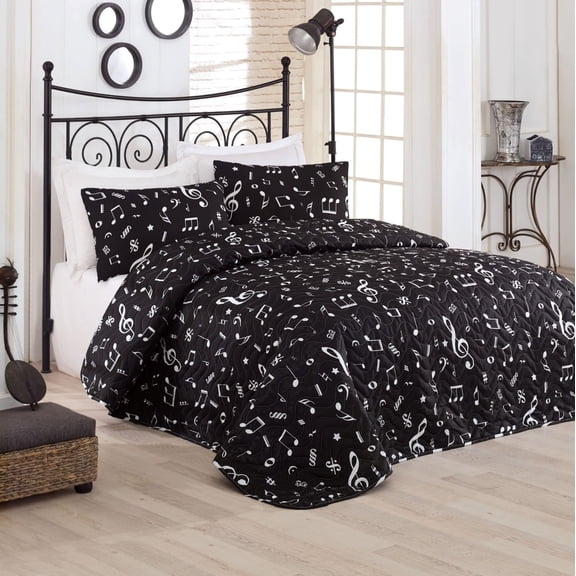 Melody Black Full/Queen Size Bedspread/Coverlet Set – 3 Piece Quilt Set with Pillowcases, All-Season Lightweight, Digitally Printed Design, 65% Cotton, Made in Turkey – Soft, Durable,