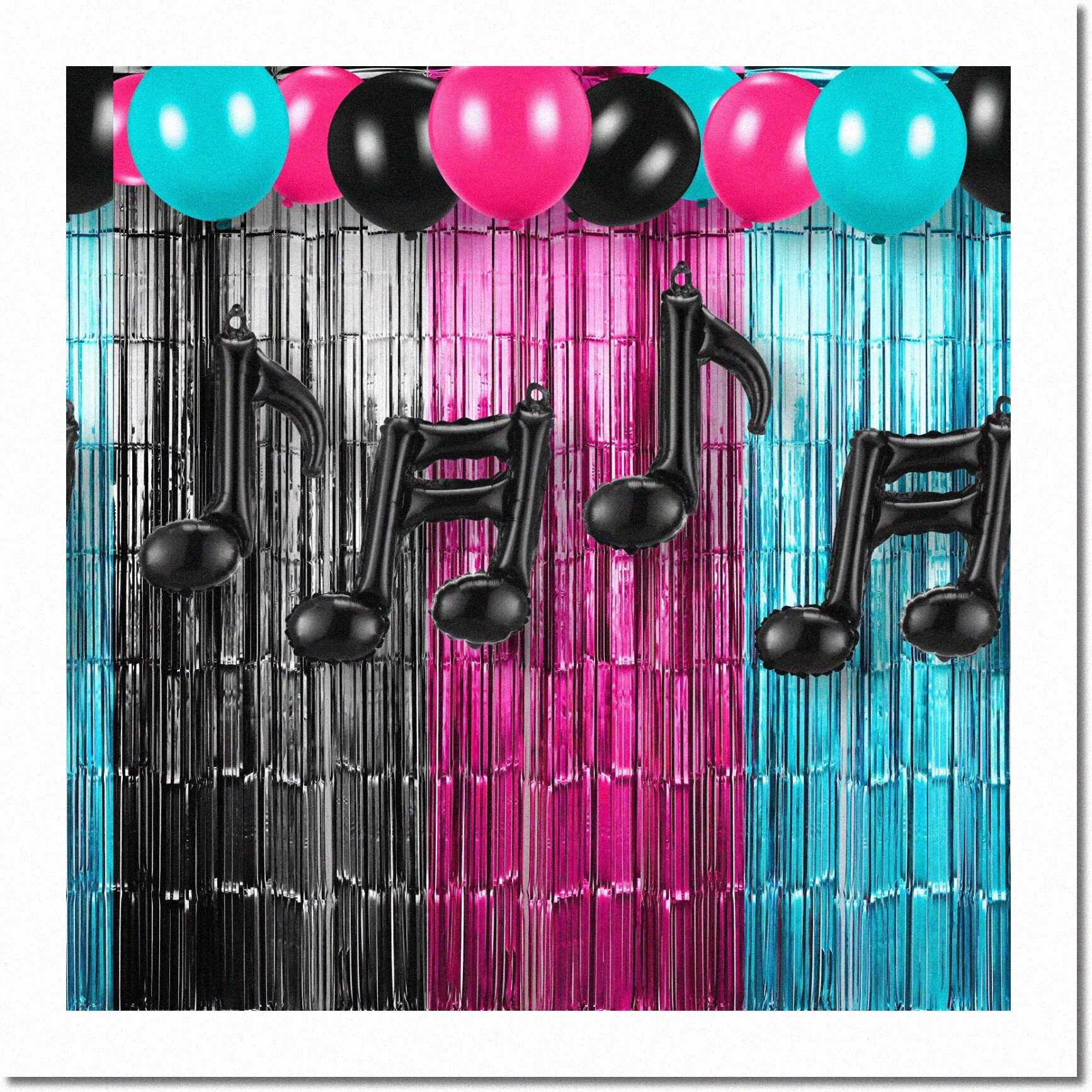 Melody Magic Party Kit: Vibrant Rose Red, Blue & Black Tinsel Curtains, Music Balloons, and Note Balloons. Perfect for Music Party Photo Backdrops!
