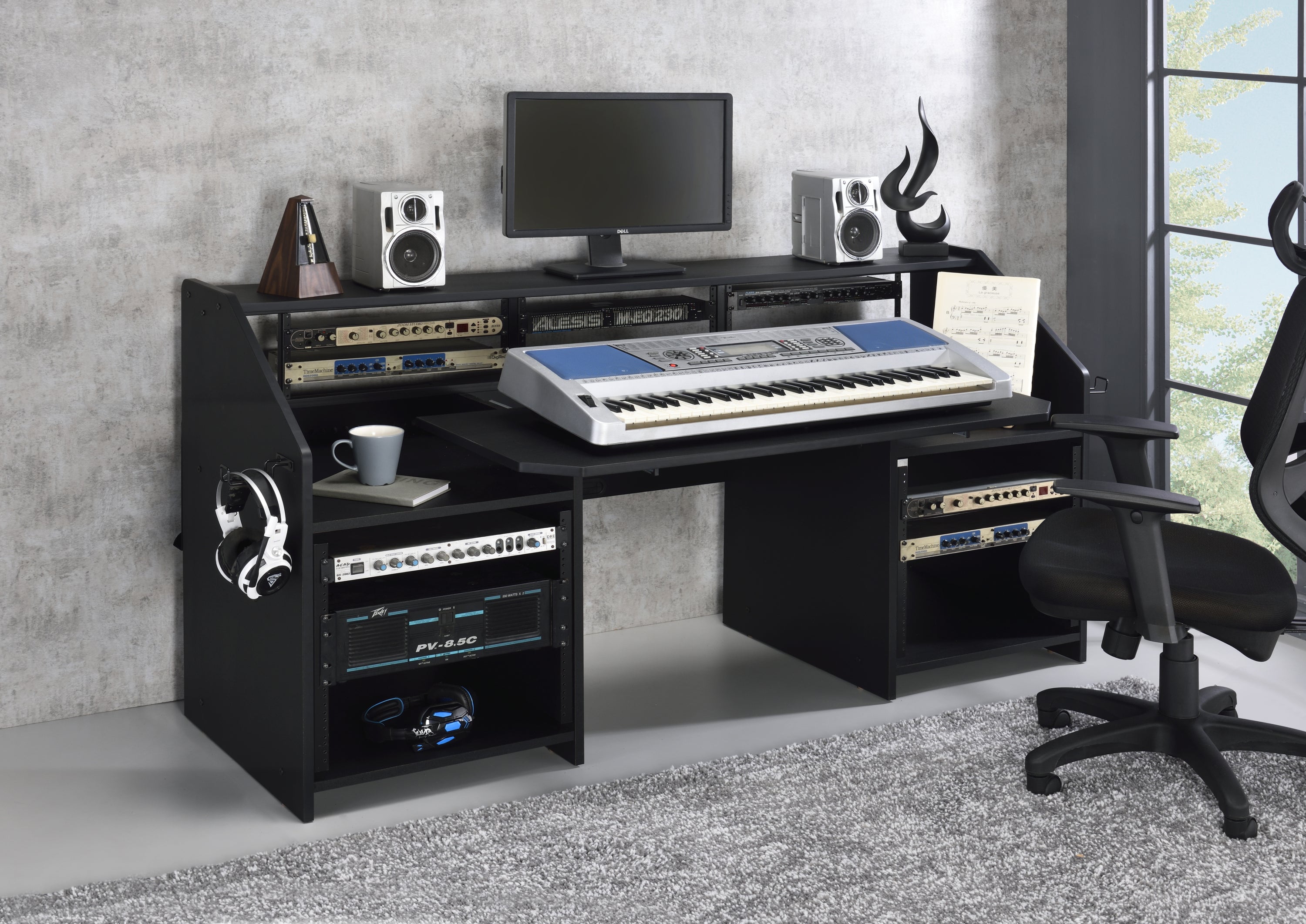Studio Black 71" Music Desk with Keyboard Tray and Headphone Hooks