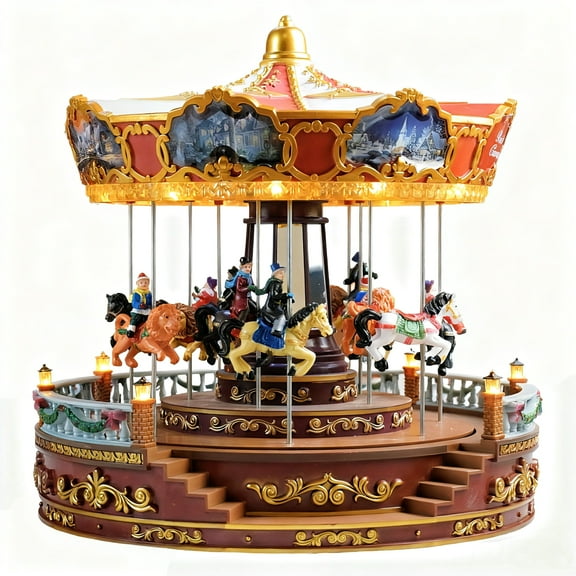 Melody Nature 14 inch Deluxe Carousel Musical Animated Christmas Decoration, LED Lights, Multi-Color