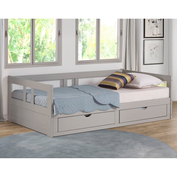 Alaterre Furniture Melody Extendable Brazilian Pine Twin to King Daybed with Trundle and Storage Drawers, Kids Bedroom Furniture, Dove Gray