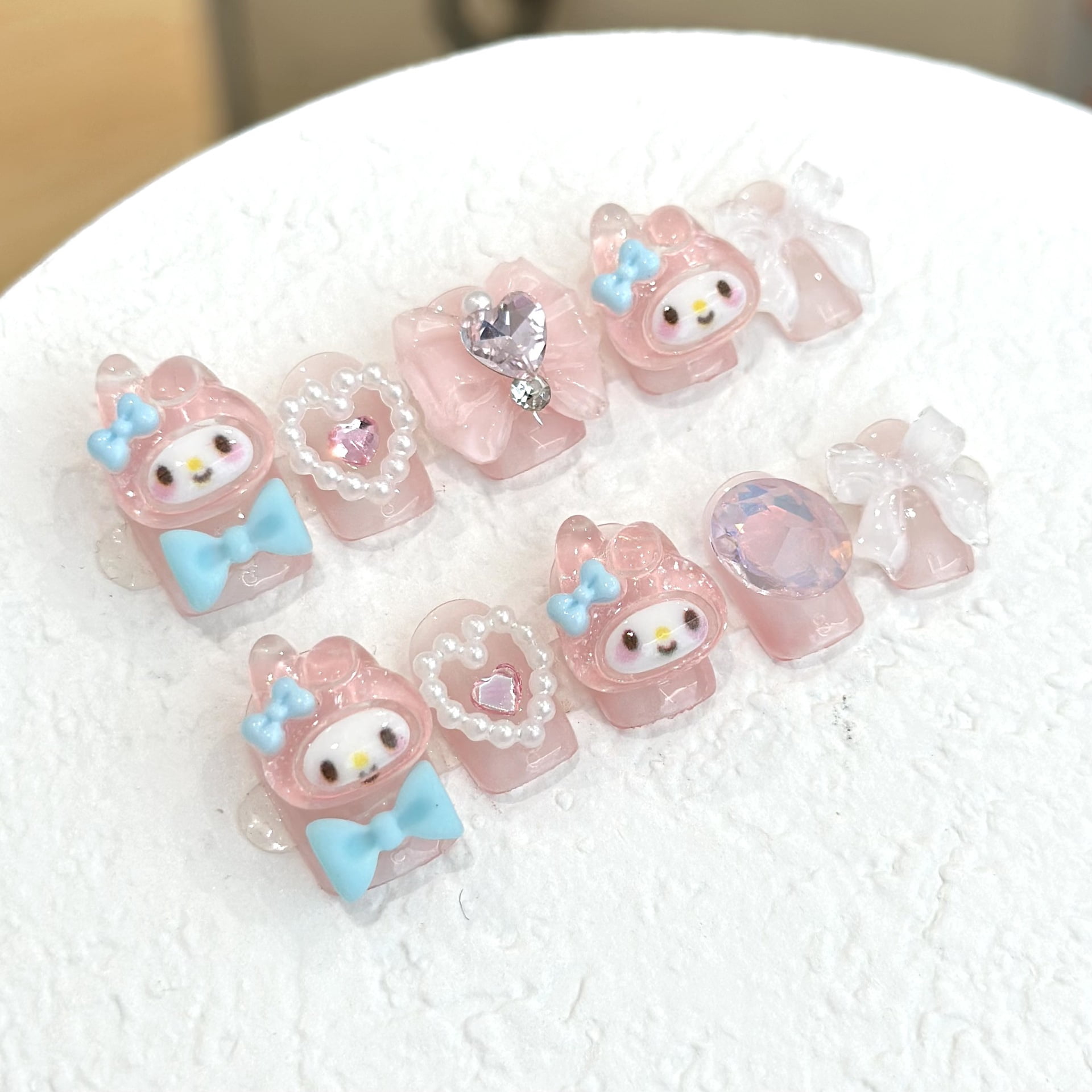 Melody hand-worn nail piece cartoon bow diamond nail patch removable short cute pearl love