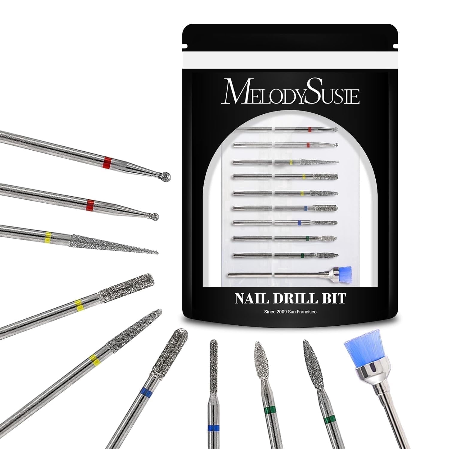 MelodySusie 10pcs Nail Drill Bits Set, 3/32 Inch Diamond Cuticle Nail Bits Kit for Nail E-File